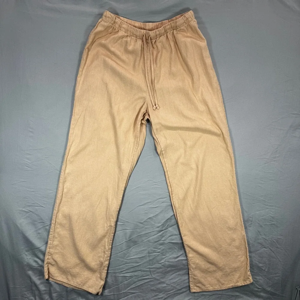 Wilfred Free Tan Linen Elastic Waist Drawstring Pants Women's M Boho Comfort