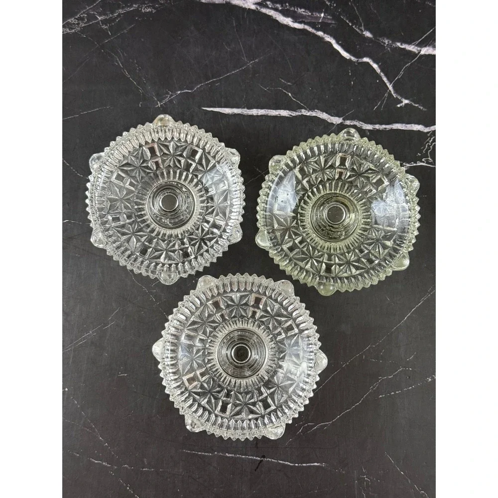 VTG Set of 3 Anchor Hocking Pressed Glass Stars and Bars Candlestick Holders