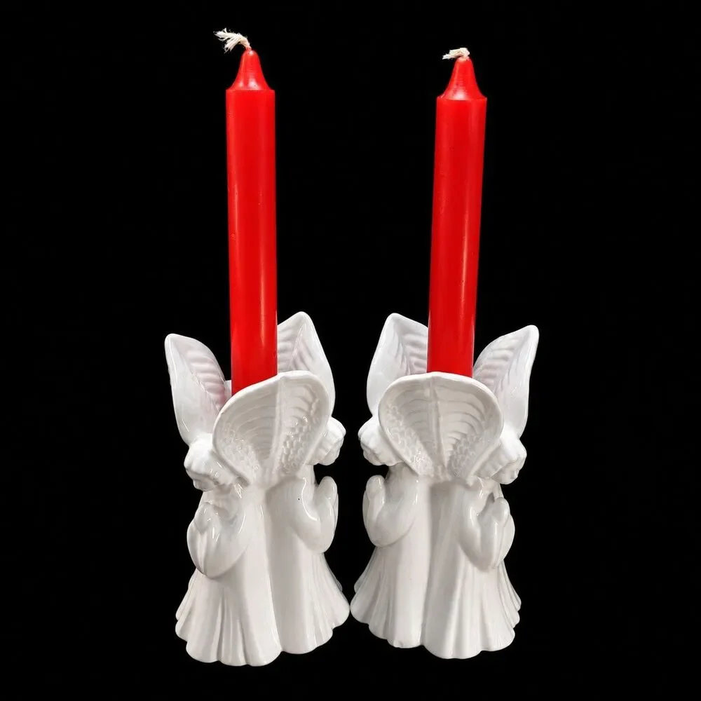 2 Vintage White Ceramic Angel Taper Candle Christmas Candlestick Holders 6