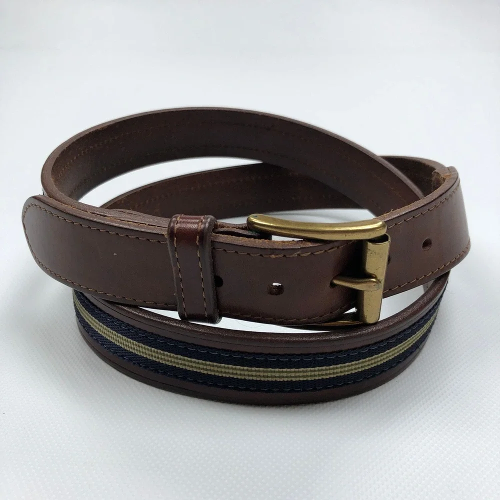 Brooks Brothers Brown Italian Leather Ribbon Belt Solid Brass 38 Canvas Inlay